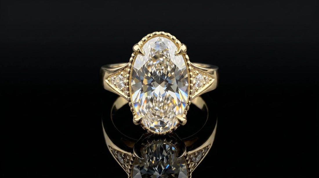 custom made engagement ring in 18k yellow gold with 5 carat moval diamond