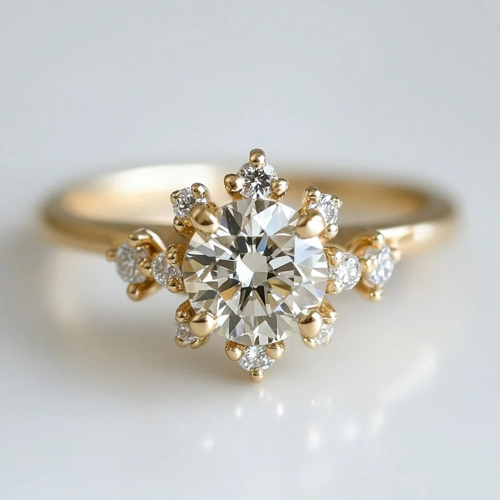 diamond snowflake halo 18k yellow gold custom made by Ian Davidson Calgary