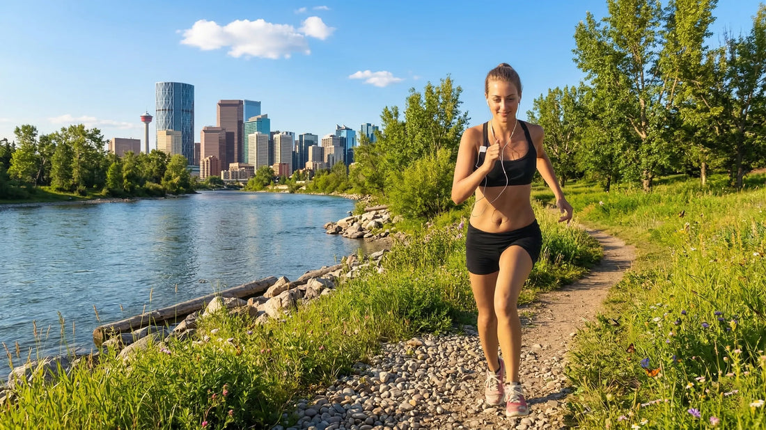 active woman running on the Bow River Calgary Alberta