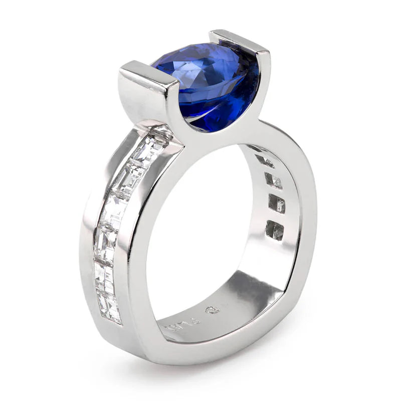 Custom sapphire engagement ring in white gold with diamond accents, Davidson Jewels Calgary