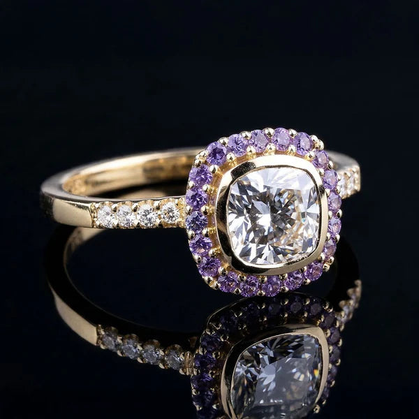 Cushion cut diamond halo engagement ring with violet sapphire side stones, custom made in Calgary