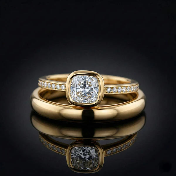 Cushion cut diamond solitaire engagement ring paired with custom fitted wedding band, Calgary