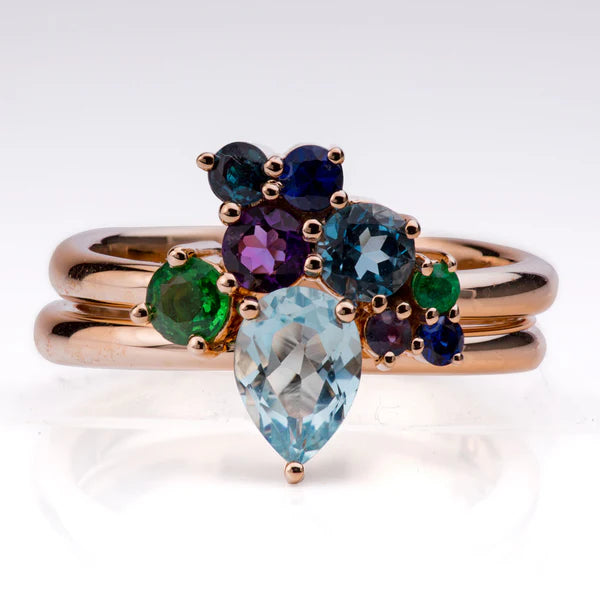 Pear cut aquamarine ring with multi-gemstone accents, bespoke fine jewellery by Ian Davidson