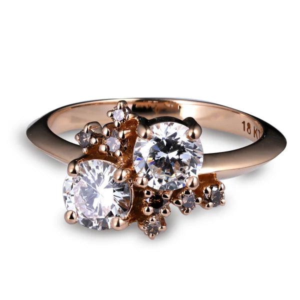 Asymmetric rose gold engagement ring set with two diamonds, bespoke commission by Davidson Jewels