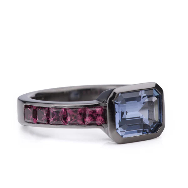 Blackened gold ring set with spinel and garnet, bespoke commission by Davidson Jewels Calgary