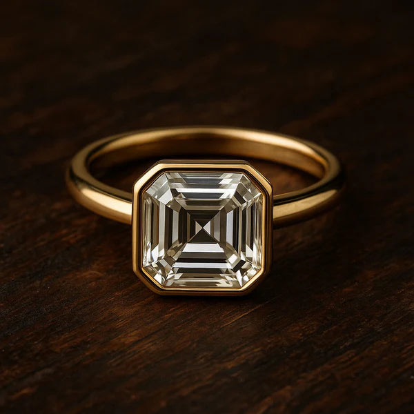 Square emerald cut engagement ring in yellow gold, handcrafted by Ian Davidson at Davidson Jewels